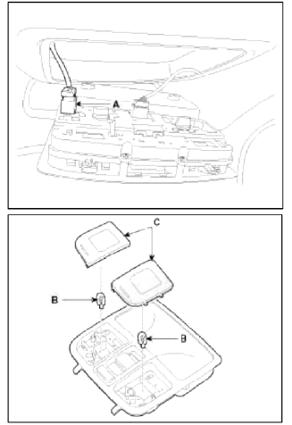 4. When replacing the bulb only, release the lens (C) cover from the roof