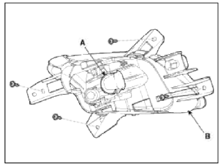 4. Remove the front fog lamp (B) after loosening the screws.