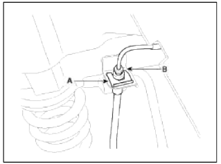 5. Disconnect the brake tube by loosening the tube flare nut (B).