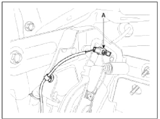 4. Remove the parking brake cable mounting nut (A).