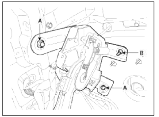 6. Remove the parking brake cable adjusting nut (A) and the fixing clip (B)