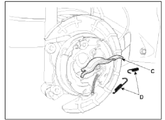4. Install the parking brake cable (A), then install the retaining (B).