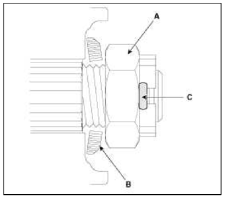 5. Remove the brake hose (A) and wheel speed sensor (B).