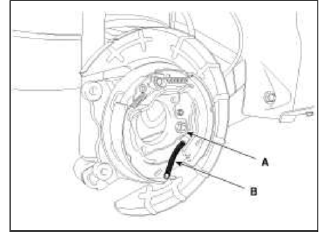 8. Remove the parking brake cable retaining (B), from the parking brake cable