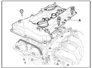 17. Remove the drive belt (A) after turning the drive belt tensioner (B)