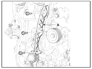 33. Remove the timing chain oil jet (A) and the crankshaft chain sprocket