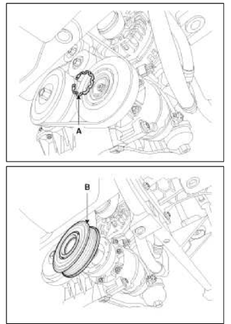 9. Remove the retainer ring (B) and then remove the field coil (C). Be