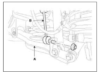 3. Loosen the bolt & nut and then remove the rear shock absorber (A) with the