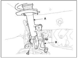 4. Disconnect the front strut assembly (A) with the knuckle by loosening the