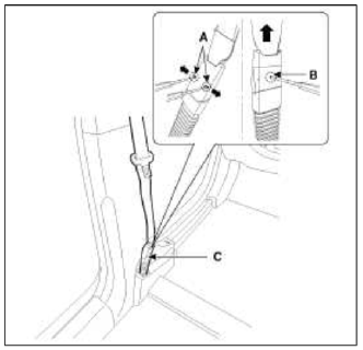 3. Using a screwdriver or remover, remove the center pillar lower trim (A).