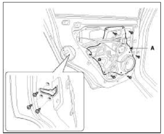 4. Disconnect the connectors and rear door module wiring harness (A).